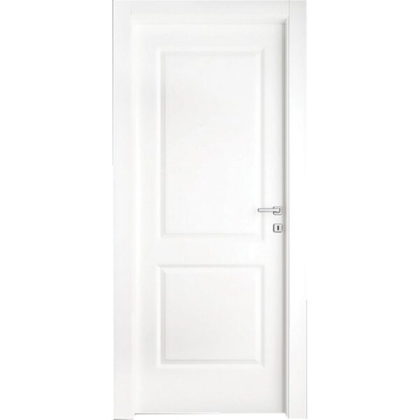Porta interna bianca con due pannelli rettangolari e maniglia argentata.
