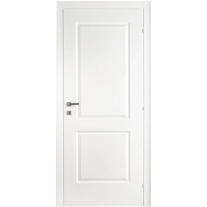 Porta interna bianca con due pannelli e maniglia argento.