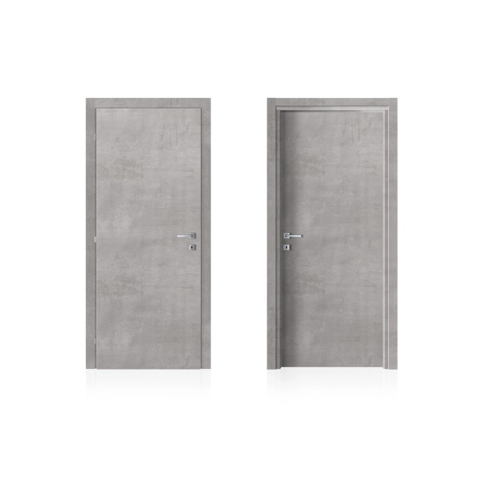 Due porte interne grigie con set di maniglie su sfondo bianco.