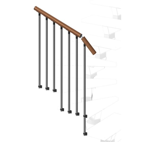 Accessori per ringhiere scale: Ringhiera con supporti grigi e corrimano marrone.