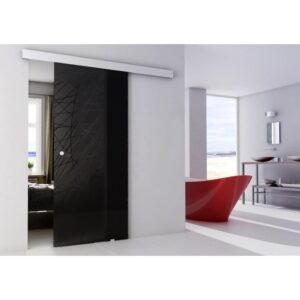 Porta scorrevole in vetro nero con motivo in bagno moderno. Porta in vetro per OBI.