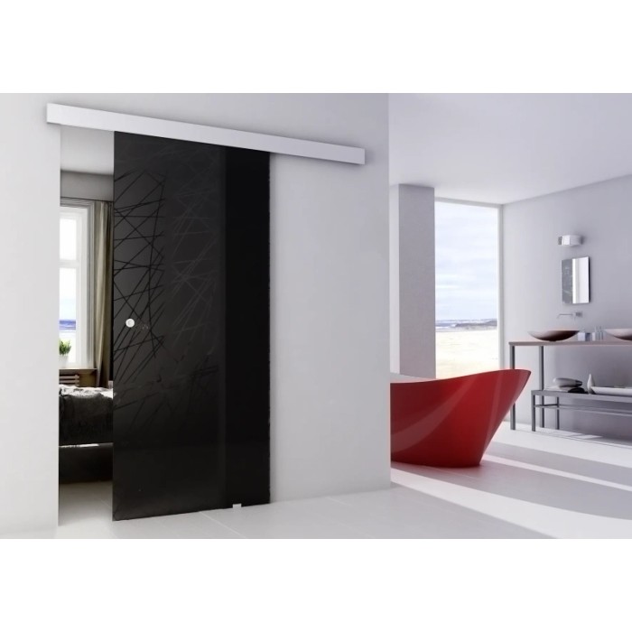 Porta scorrevole in vetro nero con motivo in bagno moderno. Porta in vetro per OBI.