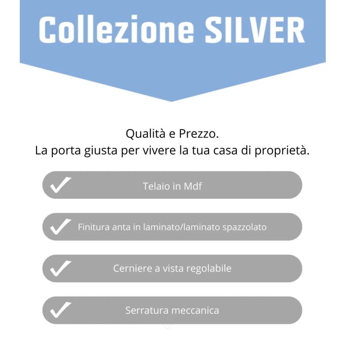 Infografica per porta interna t.b.t.: telaio in MDF, finitura laminata, cerniere regolabili, serratura meccanica.