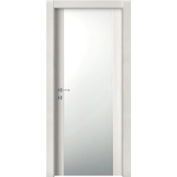Porta interna bianca con inserto in vetro e maniglia argentata.