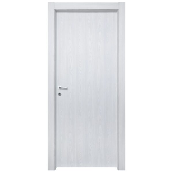 Porta interna bianca con design semplice e maniglia argentata.