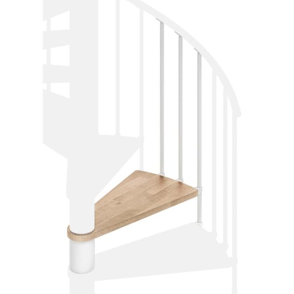 Dettaglio di una scala a chiocciola con gradino in legno e ringhiera bianca. Accessori per scale e ringhiere.