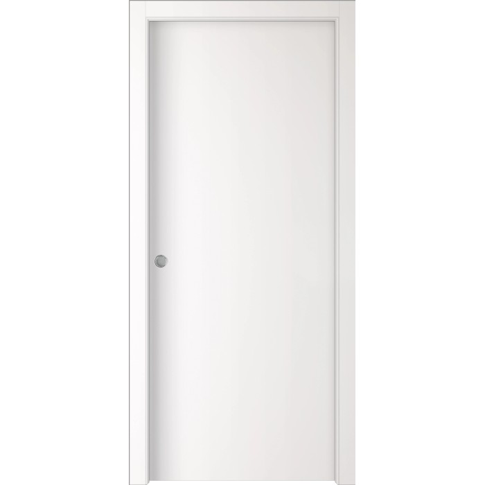Porta interna bianca con design semplice e maniglia rotonda.