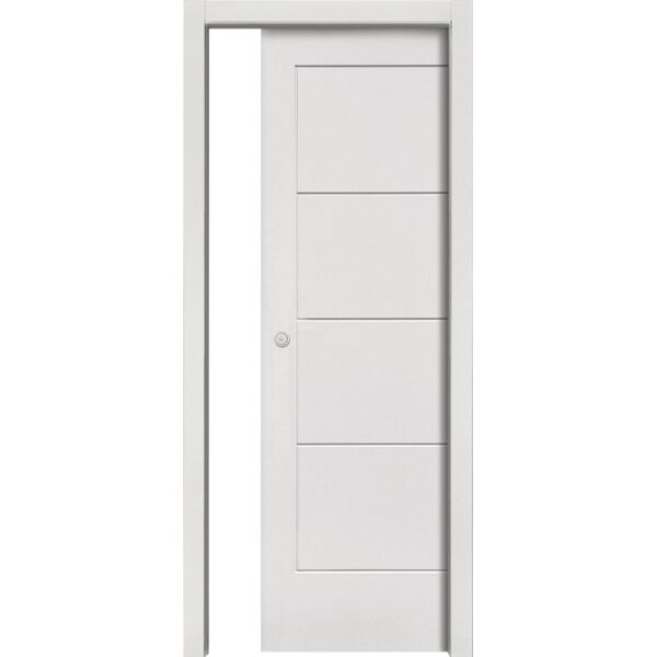 Porta interna bianca con quattro pannelli e serratura.
