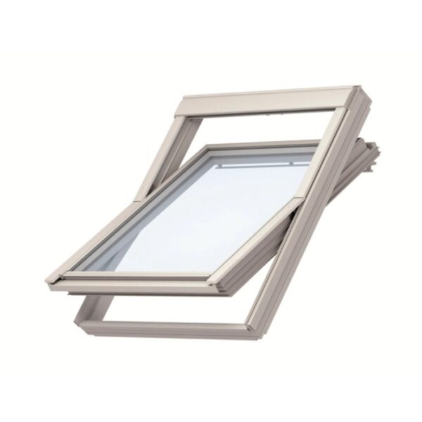 Finestra a bilico VELUX F04 in plastica, aperta, per lucernari con facile utilizzo.