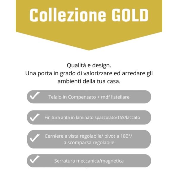 Dettagli porta interna: Telaio, finitura, cerniere e serratura in evidenza.