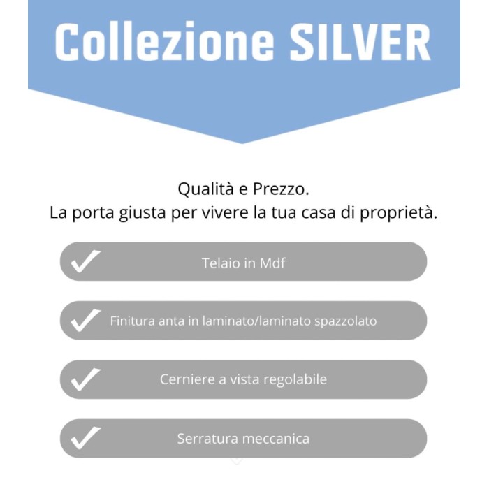 Infografica per porta interna t.b.t.: telaio in MDF, finitura laminata, cerniere regolabili, serratura meccanica.