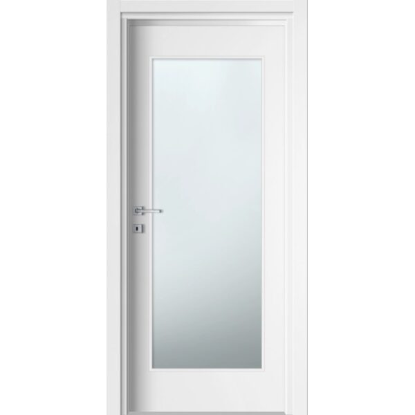 Porta interna bianca con ampio inserto in vetro e maniglia argentata.