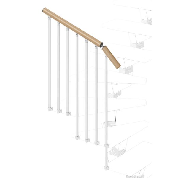 Ringhiera per scale con corrimano in legno e colonnine bianche. Accessori per scale e ringhiere.