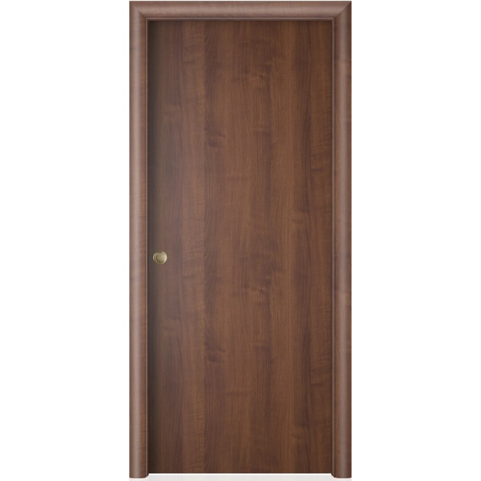 Porta interna marrone con venature del legno e maniglia dorata.