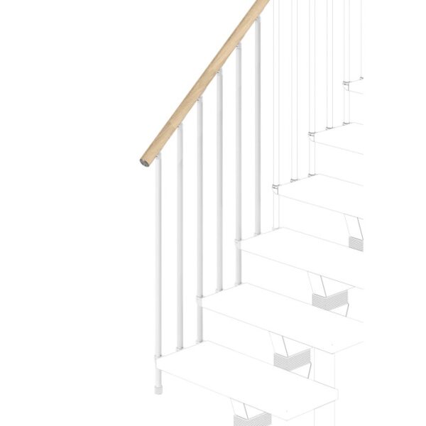 Ringhiera per scale con corrimano in legno e montanti bianchi. Accessori per scale e ringhiere.