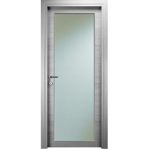Porta interna grigia con pannello in vetro satinato. Anta con maniglia.