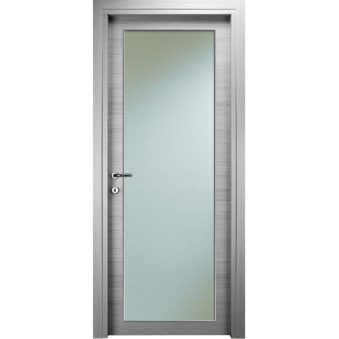 Porta interna grigia con pannello in vetro satinato. Anta con maniglia.