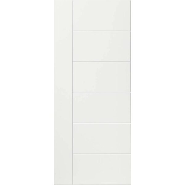 Porta interna bianca con cinque pannelli orizzontali. Accessori per porte.