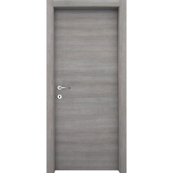 Porta interna grigia con set maniglia. Anta effetto legno.