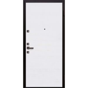 Porta blindata bianca con telaio e maniglia neri.