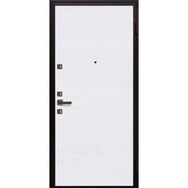Porta blindata bianca con telaio e maniglia neri.