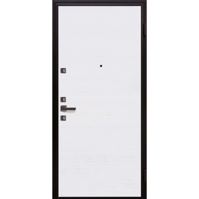 Porta blindata bianca con telaio e maniglia neri.