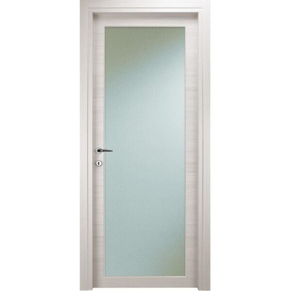 Porta interna chiara con inserto in vetro satinato e set maniglia.