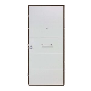 Porta blindata t.b.t. bianca con maniglia e telaio marrone.