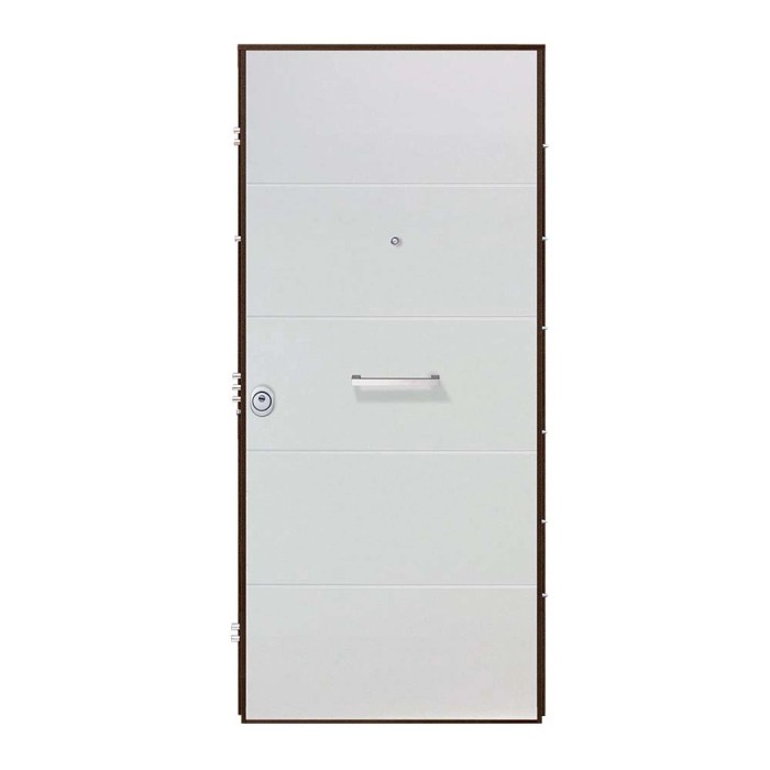 Porta blindata t.b.t. bianca con maniglia e telaio marrone.