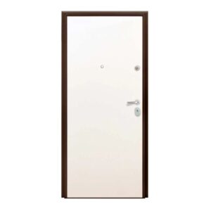 Porta blindata bianca con telaio marrone, maniglia e spioncino.