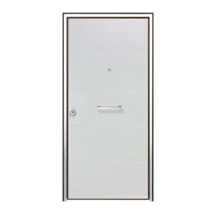 Porta blindata t.b.t. bianca con linee orizzontali e maniglia argentata.