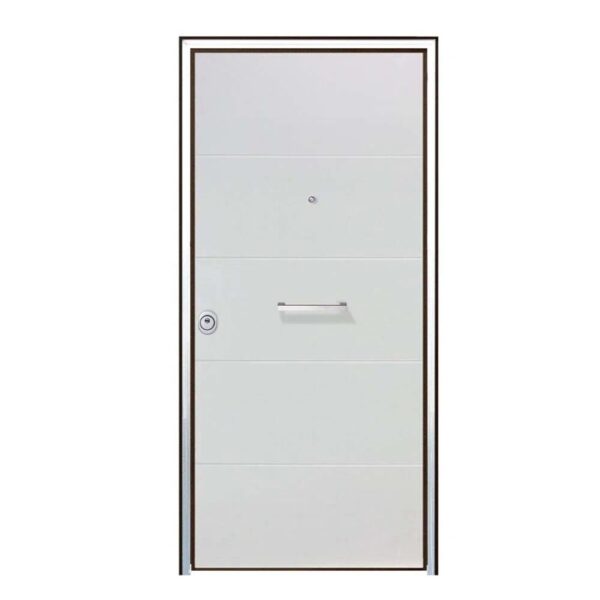 Porta blindata t.b.t. bianca con linee orizzontali e maniglia argentata.