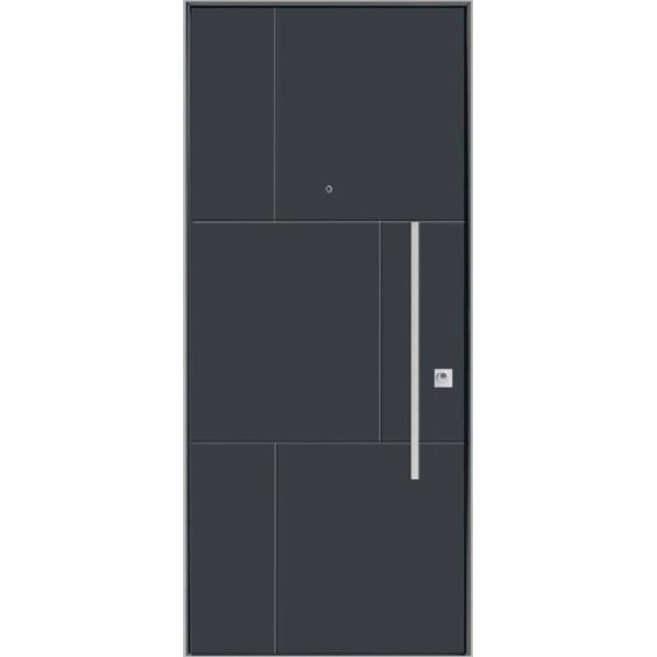 Porta blindata moderna antracite con maniglia argentata e design geometrico.