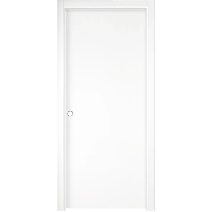 Porta interna bianca con design semplice e maniglia argentata.
