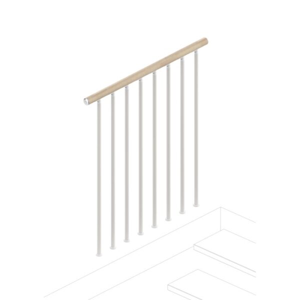Ringhiera per scale con corrimano in legno e colonnine bianche.