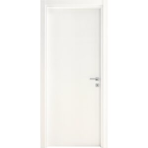 Porta interna bianca con maniglia argentata. Design semplice per ogni spazio abitativo.