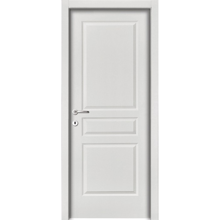 Porta interna bianca con tre pannelli e maniglia argentata.