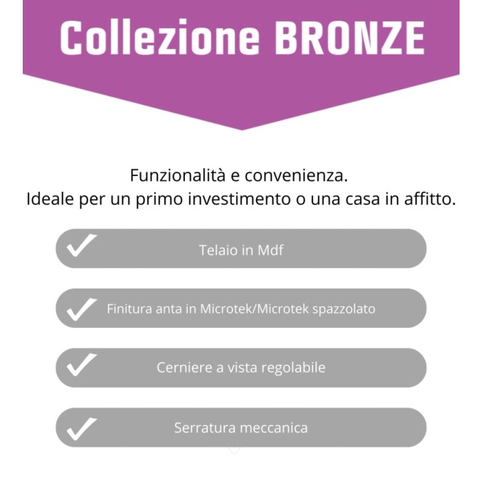 Caratteristiche porta interna: telaio in MDF, finitura Microtek, cerniere regolabili, serratura meccanica.