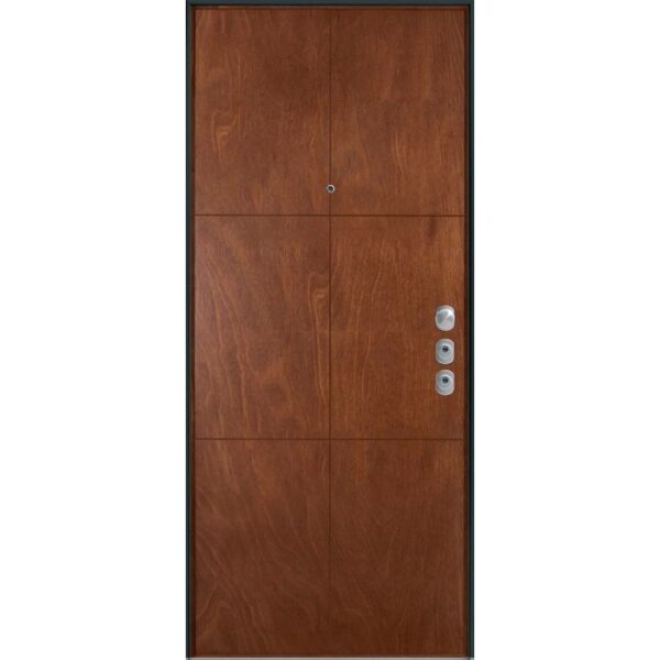 Porta blindata marrone effetto legno con maniglia argentata.