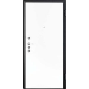 Porta blindata bianca con telaio nero, ferramenta e spioncino.