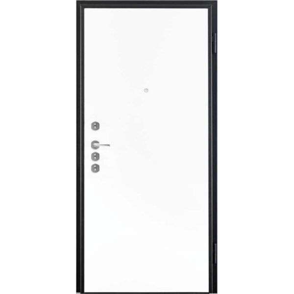 Porta blindata bianca con telaio nero, ferramenta e spioncino.