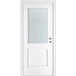 Porta interna bianca con inserto in vetro e maniglia in metallo.