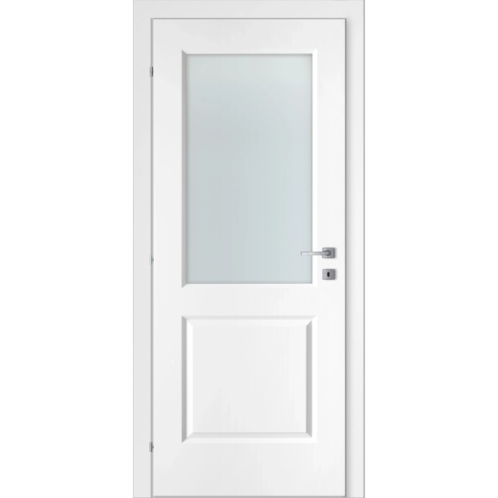 Porta interna bianca con inserto in vetro e maniglia in metallo.