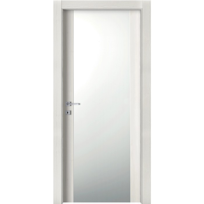 Porta interna bianca con inserto in vetro e maniglia argentata.