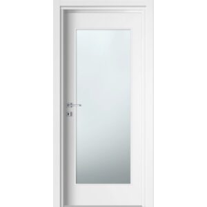 Porta interna bianca con ampio inserto in vetro e maniglia argentata.