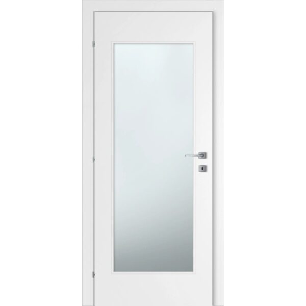 Porta interna bianca con inserto in vetro e maniglia argentata.