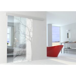 Porta scorrevole in vetro t.b.t. con motivo ad albero in bagno moderno.