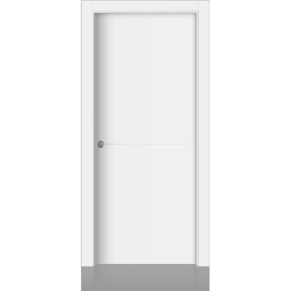 Porta interna bianca con design semplice e maniglia argentata.