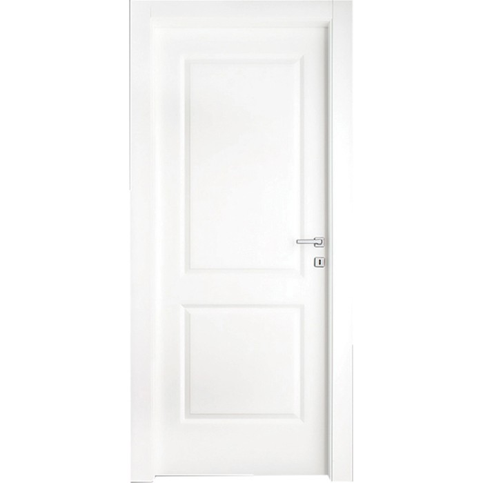 Porta interna bianca con due pannelli rettangolari e maniglia argentata.