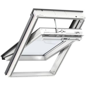 Finestra per tetto elettrica VELUX INTEGRA, poliuretano, THERMO Alu, aperta. Finestra automatica per un clima interno sano.